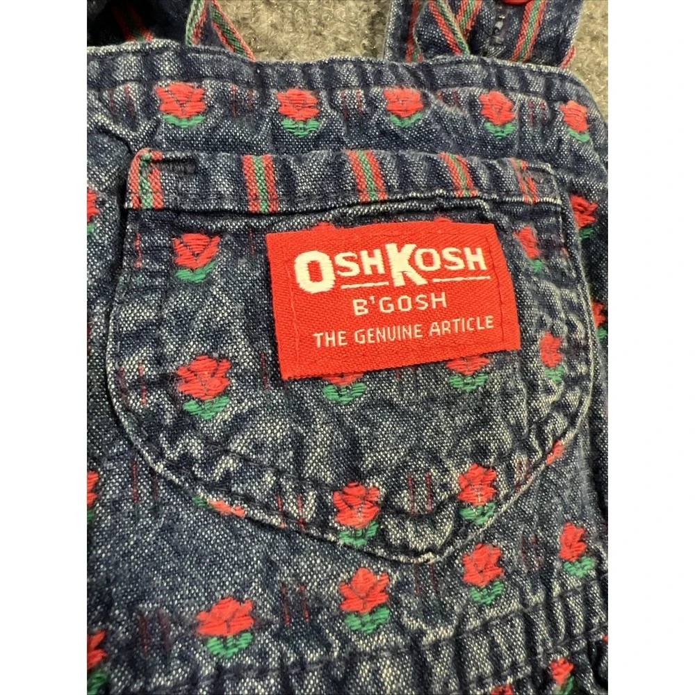 Rare Vintage OshKosh B'Gosh Floral Rose Denim Jumper Dress 18M Made in USA